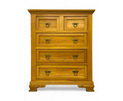 Frank Hudson - contemporary light oak chest, rectangular moulded top over two short and three long drawers, brass oval backpl