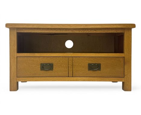 Contemporary light oak television stand, rectangular top above an open media compartment and full length drawer, raised on st