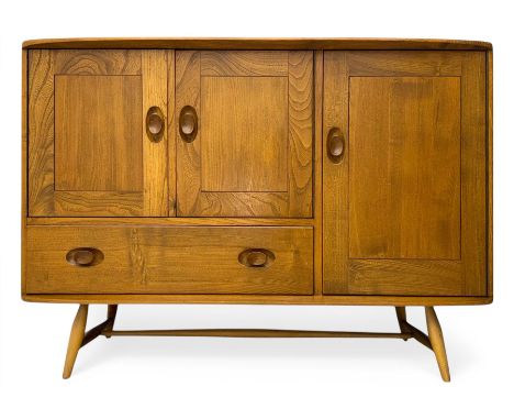 Lucian Ercolani for Ercol - mid-20th century elm sideboard, rectangular top with rounded edges, the base fitted with double c