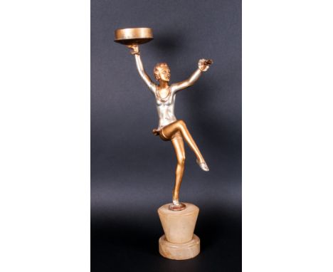 Art Deco Impressed Cold Painted Metal Figural Lamp Base Circa 1930 'The Dancing Lady' With Hands Outstretched. Raised on a sh
