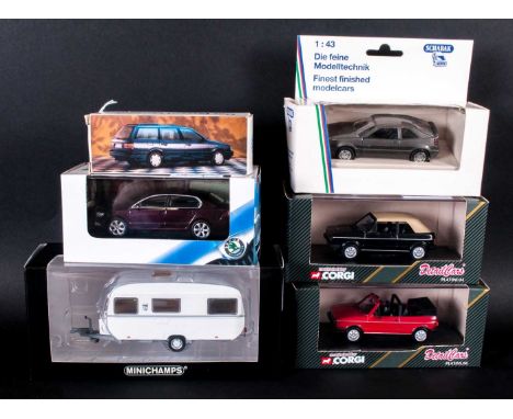 Collection of Modern Diecast Models. Including Mini champs White Caravan 400 905320, Corgi Detail Cars Art. 273 Volkswagen Go