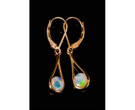 Pair of Opal Pendant Earrings, each earring holding a round cut, faceted opal in a semi-bezel setting within a pear drop loop