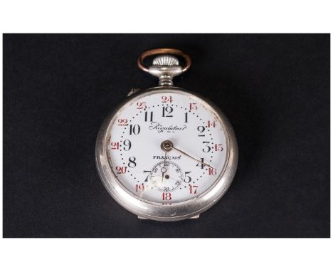 French - 1930's Nickel Cased Military Regulateur Open Faced Pocket Watch with Enamel Dial. Marked to Dial Regulateur, Francai