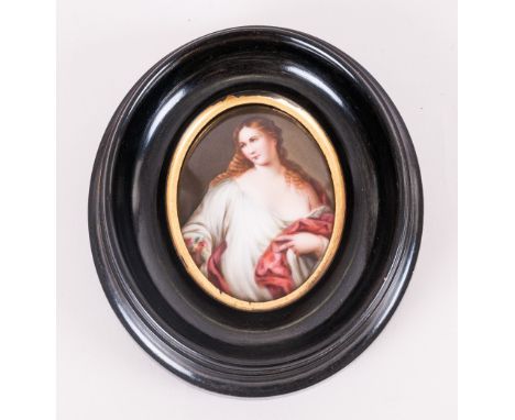 Finely Decorated Antique Hand Painted Oval Porcelain Plaque in the manner of K.P.M depicting a classical semi draped maiden. 