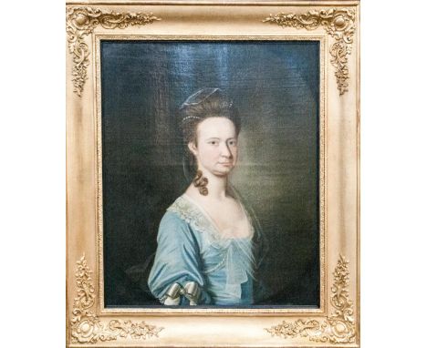 A Fine Quality Early 18th Century Portrait In Oil on Canvas of an Elegant Lady Wearing a Blue Satin Dress of The Period with 
