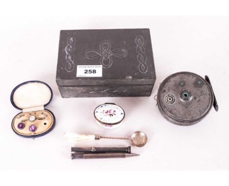 Collection Of Oddments Comprising A Pewter Clad Hinged Jewellery Box, Young And Sons Fishing Reel, Silver Glen Line Propellin