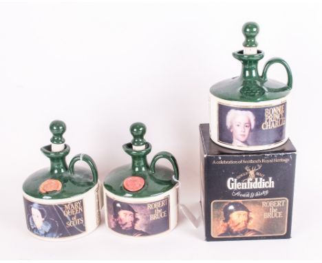 Three Pottery Glen Fiddich Single Malt Whiskey Jars with Stoppers - Green Glazed with Red Wax Seals. 