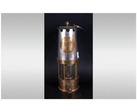 Eccles Brass & Chrome Miners Lamp with label to front reads 'Protector Lamp Lighting Co Ltd. 