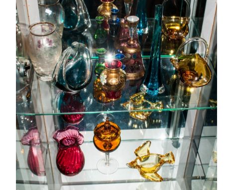 Collection of ( 11 ) Pieces of Contemporary Coloured Glass. Comprises 3 Ruby Engraved Glasses, 2 Decorated Flasks, 2 Enamel T