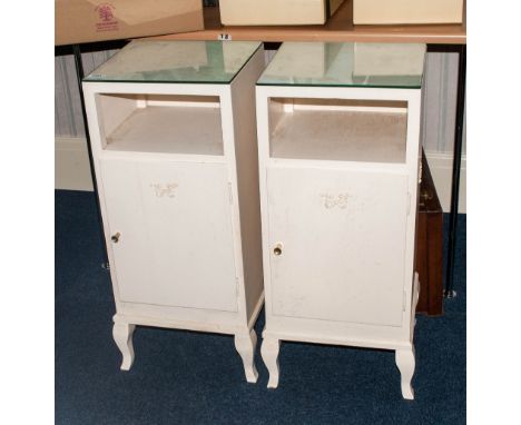 2 French Style White Painted Bedside Cabinets, Glass Tops Above A Shelf And Storage Unit, Raised On Short Cabriole Legs