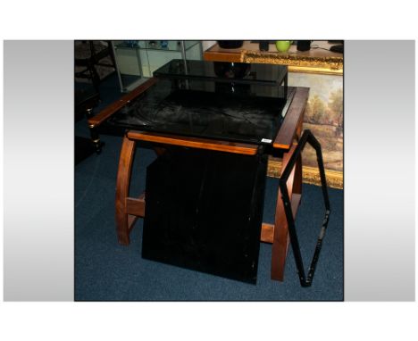 Teak And Glass Computer Workstation, Monitor Shelf & Pull Out Keyboard Shelf With Bentwood Legs. 35½ x 24 x 32½