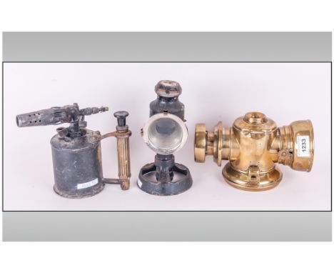 A Brass Car Lamp by Lucas & Sons, Together with a Hand Held Iron Lamp and an Antique Brass Burner. 