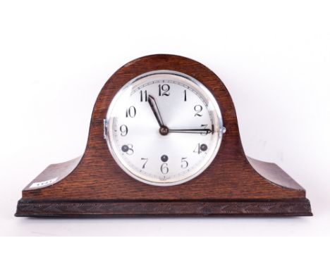 1930's Napoleon Hat, Oak Cased Westminster Chime Mantle Clock, with Round Steel Dial. 