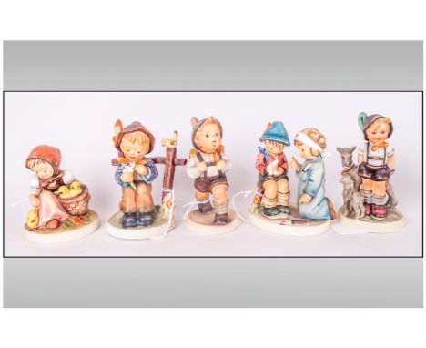 Hummel Early Figures ( 5 ) In Total. 1/ Little Nurse. 2/ School Boy, 3/ Little Goat Herder. 4/ Girl with Chick. 5/ She Loves 