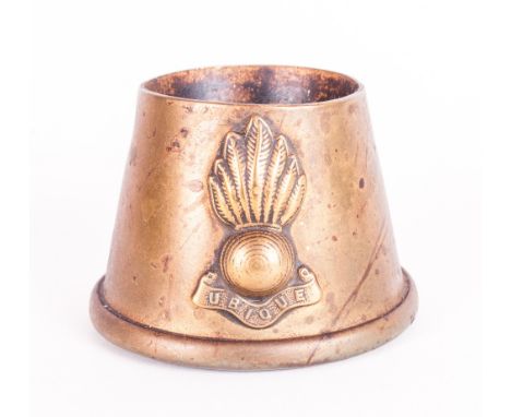Pair Of Brass Trench Military Cast Brass Shell Case Match Stick Holders, military crest to front. UbiQue. 3'' in height.