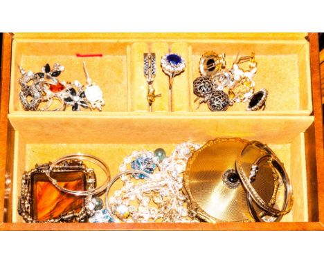 Jewellery Box Containing A Mixed Lot Of Costume Jewellery Comprising Necklaces, Earrings, Bangles, Rings, Beads, Compact Etc.