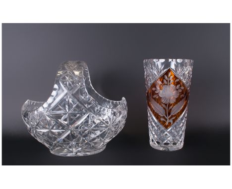 A Good Quality and Heavy Cut Crystal Glass Vase, with Floral Decoration to Central Panel, In Orange and Clear Colour way. Hei