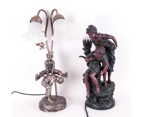 2 Decorative Table Lamps, comprising Two Children playing piggyback and Mother and Child Fishing. Resin basis with frosted gl