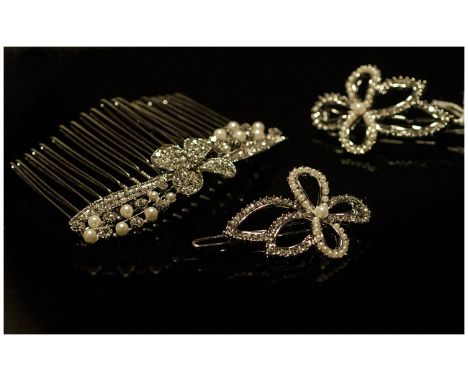 White Austrian Crystal and Faux Pearl Hair Comb of flower and leaf design, plus two flower shaped hair clips, similar; ideal 
