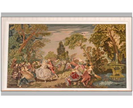 Large White Framed Woolen Tapestry depicting a garden with figures. 42 x 70 inches.