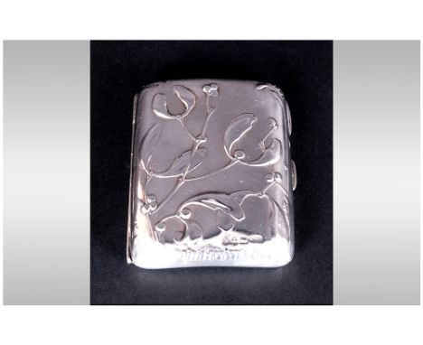 Art Nouveau Ladies Silver Cigarette Case, with Raised Decoration to Cover. Hallmark Chester 1901. Size 3.25 x 2.5 Inches. 79.
