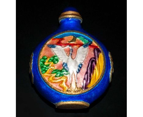 Chinese Enamel Snuff Bottle Decorated In Blue Depicting  Crane Bird 20th Century. 2.5'' in height. 