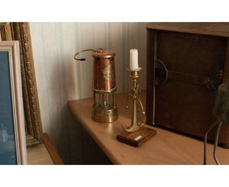 Copper & Brass Miners Lamp, Serial Number 16742. with a brass anchor candlestick.