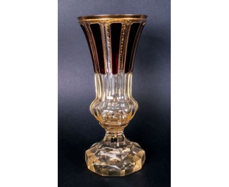 Bohemian - Early 20th Century Gold and Ruby Moulded and Cut Glass Vase, Finished In Gold Plated Overlay. Stands 9.25 Inches H