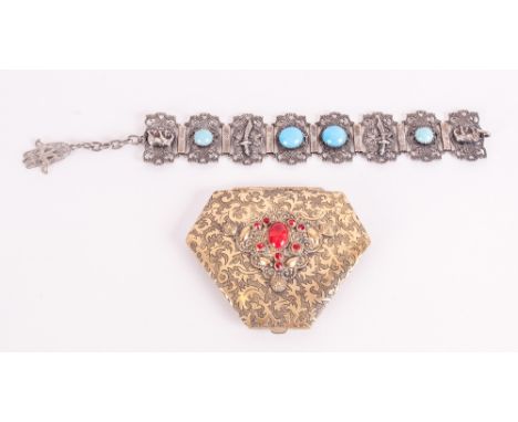 Antique Turkish Silver Bracelet With Figural And Openwork Decoration set with cabochon Turquoise stones. 8'' in length. Plus 