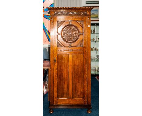 Edwardian Oak Hall Robe with Fitted Mirror Interior, The Central Door Panel with a Round Carved Floral and Carved Cornice Ter