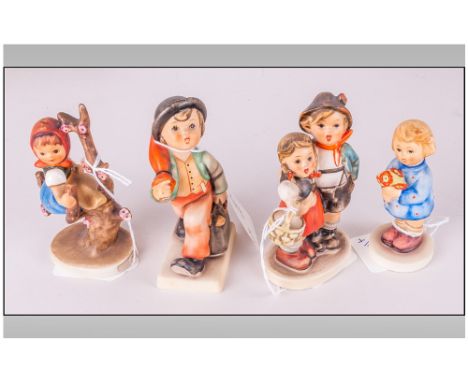 Hummel Early Figures ( 4 ) In Total. 1/ Merry Wanderer. 2/ Tree Girl. 3/ Boy and Girl. 4/ Girl with Flowers. All Pieces are I