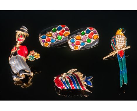 Vintage Enamel & Stone Set Brooches, 5 in total, in the form of a clown, parrot, fish etc. All in good condition.