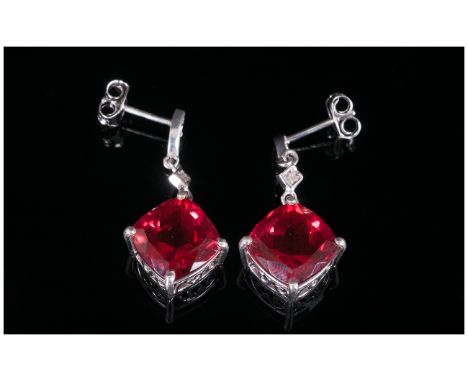 Ruby Colour Quartz and Diamond Drop Earrings, 8.75cts of the ruby red quartz in two cushion cuts, suspended, lozenge shape, b