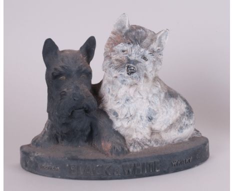 Vintage Composition Black and White Whiskey Scotch Advert Sign, Depicting Two Scotty Dogs. 12 Inches Wide, 9 Inches High. 