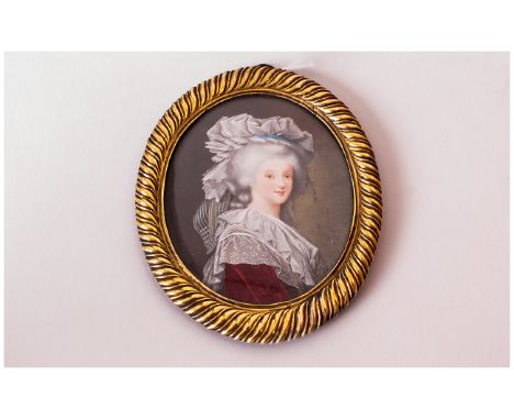 19thC Portrait Miniature Depicting A Noble Lady, Wearing A Red  Signed To Edge Looks To Be A Kaufmann. 3¾ x 3 Inches, Housed 
