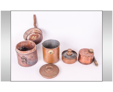 A Military Type Leather Clad Travelling Cooking Set In Copper, with a Cooking Pan with Handle and a Paraffin Lighter. Stamped