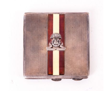 Military Interest Ladies Compact Engine Turned Form With Enamelled Strip And Lancashire Fusiliers Applied Badge