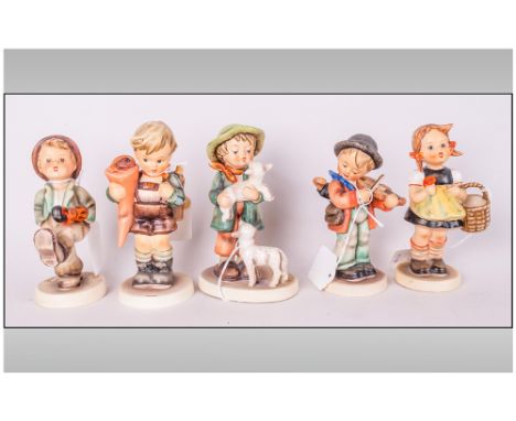 Hummel Early FIgures 5 in total. 1. Little Scholar, 5.5'' in height, 2. Little Musician, 3. Little Shepherd 5.5'' in height, 