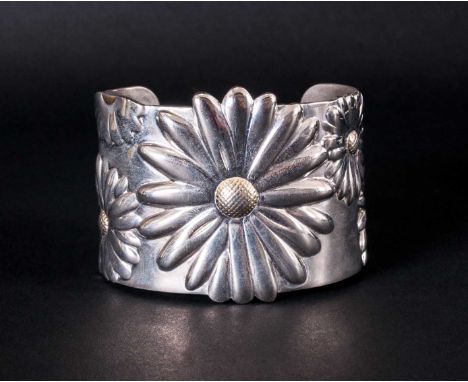Tiffany & Co Large Silver Daisy Cuff Bangle, with 18ct Gold Overlay To Centre of Daisy, Marked Tiffany & Co. 925 - 750. 81.4 