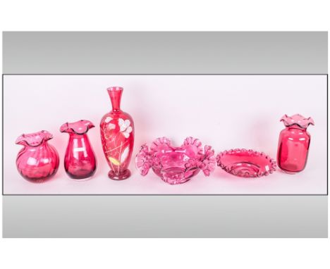 Collection of 6 Ruby Glass Items, Comprising of 4 Vases, One Enamel Decorated and two Wavy Top Bowls. Various Sizes. 