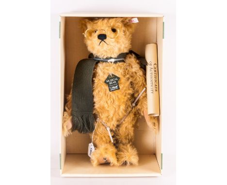 Steiff Limited Edition Harrods Musical College Bear Date 1996. Number 339 of 2000.17.5'' in height. Golden Mohair. Plays Toy 