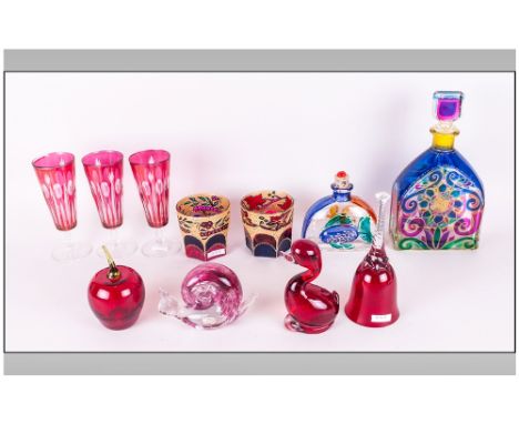 Collection of Coloured Glass Ware (11) pieces in total comprising two enamel decanters, three Ruby Venetian glasses, three Mu