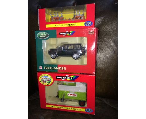 BRITAINS - LANDROVER FREELANDER (40601), BRITAINS - CLAAAS TIPPING SILAGE TRAILER (9566) & BRITAINS - FOLD UP CULTIVATOR (ORA