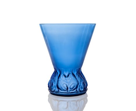 ‡ RENÉ LALIQUE (FRENCH 1860-1945) TUILERIES VASE, NO. 1053 designed 1930 cobalt blue stencilled R. LALIQUE(27.8 cm. (10 7/8 i