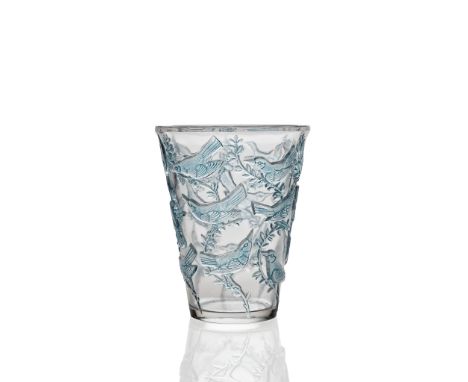 RENÉ LALIQUE (FRENCH 1860-1945) GRIVES VASE, NO. 10-917 designed 1938 clear, frosted and blue stained stencilled R. LALIQUE F