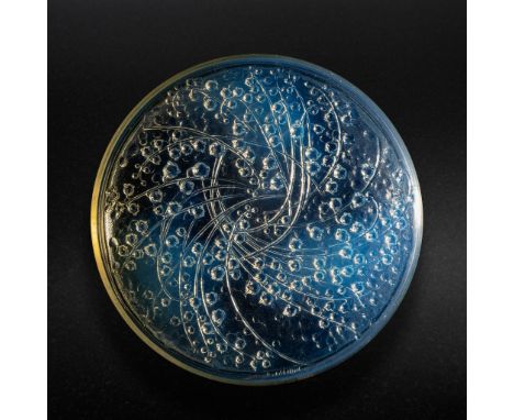 RENÉ LALIQUE (FRENCH 1860-1945) MUGUETS BOX AND COVER, NO. 41 designed 1921 opalescent moulded R. LALIQUE, engraved France No
