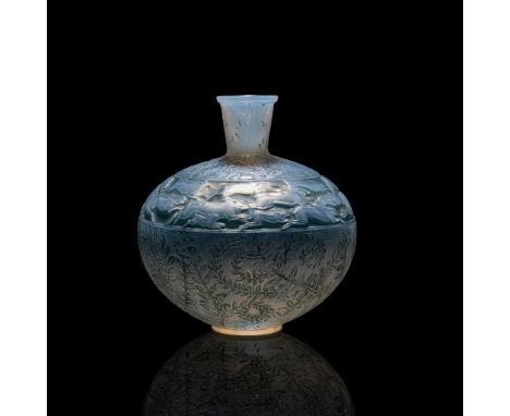 RENÉ LALIQUE (FRENCH 1860-1945) LIEVRES VASE, NO. 942 designed 1923 cased opalescent and green stained engraved R. Lalique Fr