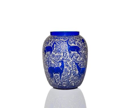 ‡ RENÉ LALIQUE (FRENCH 1860-1945) BICHES VASE, NO. 1082 designed 1932 cobalt blue and white stained stencilled R. LALIQUE FRA