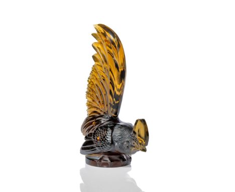 RENÉ LALIQUE (FRENCH 1860-1945) COQ NAIN CAR MASCOT, NO. 1135 designed 1928 topaz moulded R. LALIQUE FRANCE(20.3 cm. (8 in.) 