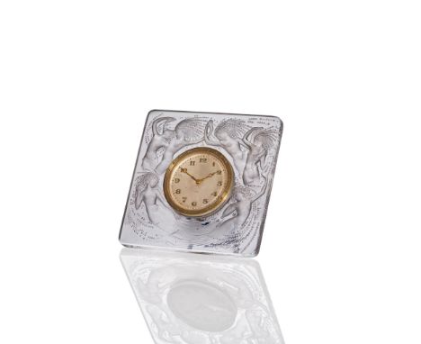 RENÉ LALIQUE (FRENCH 1860-1945) NAIADES TIMEPIECE, NO. 764 designed 1928 clear and frosted engraved R. Lalique France(11.5 cm